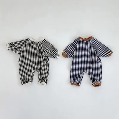 Baby Plaid Contrast Color Romper Long-sleeved Thickened Jumpsuit