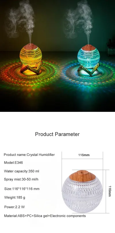 مرطب هواء صغير الحجم بتصميم كرة كريستالية، ألوان RGB، إبداعي، رذاذ صامت، تحكم في مستوى الصوت