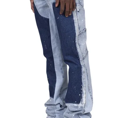 Men's Color Contrast Wash Splicing Denim Trousers