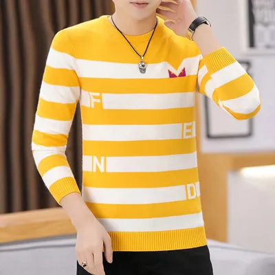 Men's Round Neck Striped Sweater Trend Slim Simple Knitted Sweater