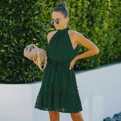 Jacquard Cutout Skirt Halterneck Chiffon Dress
