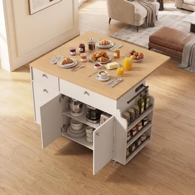 Kitchen Island With Storage Rolling Kitchen Island Cart With Drop Leaf Extension, Natural Wood Top, Drawers, Spice Rack, Towel Bar, Mobile Kitchen Cart For Kitchen & Dining Room, White