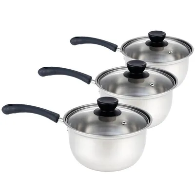 Set Of 3 Induction Non Stick Stainless Steel Cookware Kitchen Glass Lids Pot Pan