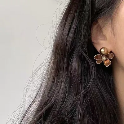 1 Pair Coffee Color Autumn Winter Enamel Vintage Pearl Flower Earrings, New Luxury Elegant Jewelry