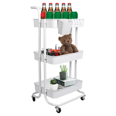 Black-White Color Options 1Pc 3 Tier Rolling Utility Cart Movable Storage Organizer With Mesh Baskets Lockable Wheels 360 Degree Rotatable Hanging Box Hooks Bedroom Bathroom Kitchen