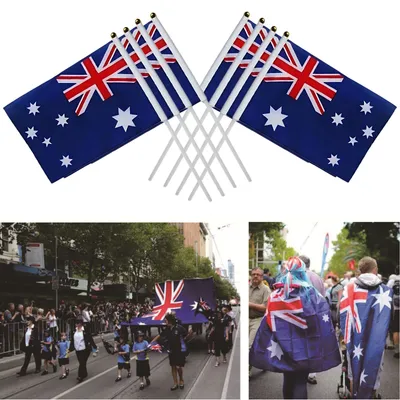 Small Hand Waver Australian Flag Polyester Australia Aussie Flags On Stick 8PCS 14cm X 21cm - Australia Aussie Day Party Supplies