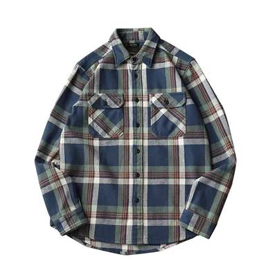 Men's Long Sleeve Retro Thick Brushed Plaid Shirt