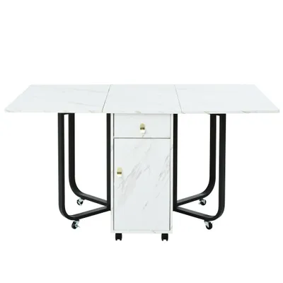 Folding Dining Table 1 Piece With Cupboard And 2 Drawers, Folding Kitchen Utility Table, Space-saving Dining Table With 4 Supporting Legs On Gliders White  Black