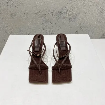 Square-toe High-heel Sandals In Woven Mesh And Leather
