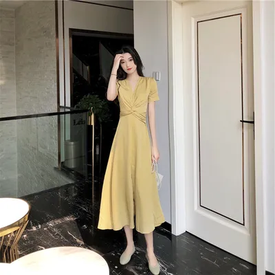 Light Yellow Long Skirt French Bellflower Waist Dress