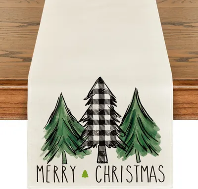 Christmas Trees Merry Xmas Table Runner, Seasonal Winter Holiday Kitchen Dining Table Decoration