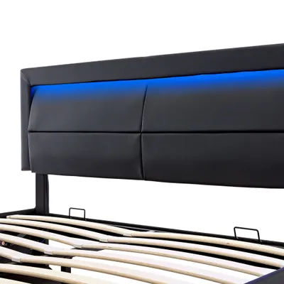 Upholstered Bed 150 X 200 Cm, King Size Bed-5ft,with USB Port Supports Wireless And Wired Charging, With LED Lighting And Storage Space, Without Mattress, PU Lychee Pattern, Black