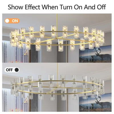 48 Inch Gold Wagon Wheel Chandelier With Crystal Shade, 48 Lights, Modern Farmhouse Style, Ideal For Dining Room, Kitchen, Entryways