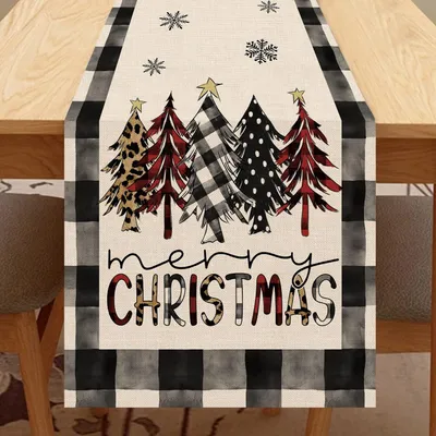 Christmas Trees Merry Xmas Table Runner, Seasonal Winter Holiday Kitchen Dining Table Decoration