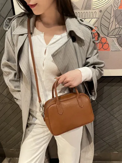Cross-border Top-grain Leather Bowling Bag, Vintage And Simple Boston-style Small Handbag, Can Be Carried By Hand, Used For Commuting, Single Shoulder, Or Crossbody