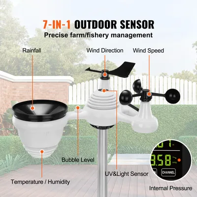 VEVOR 7-in-1 Wireless Weather Station, 7.5 In Large Color Display, Digital Home Weather Station Indoor Outdoor, For Temperature Humidity Wind Speed,Direction Rain UV, With Forecast Data, Alarm, Alerts