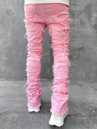 Ins Fringes Ripped Trousers Individual Patched Pants Long Tight Fit Stacked Jeans For Mens Clothing