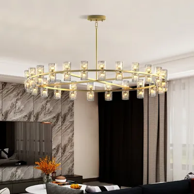 48 Inch Gold Wagon Wheel Chandelier With Crystal Shade, 48 Lights, Modern Farmhouse Style, Ideal For Dining Room, Kitchen, Entryways