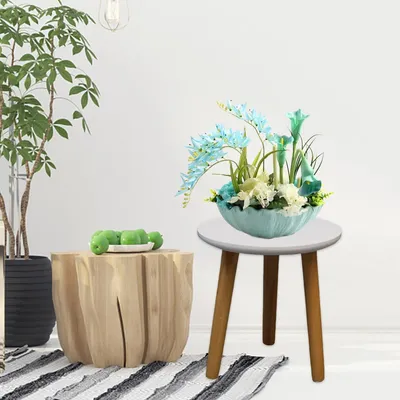 Simple Round Leg Craft Flower Stand On Wooden Balcony