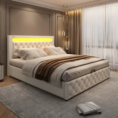 Upholstered Bed 135 X 190 Cm Functional Bed With Slatted Frame And Storage Space, LED Lighting In Different Colors, White, PU