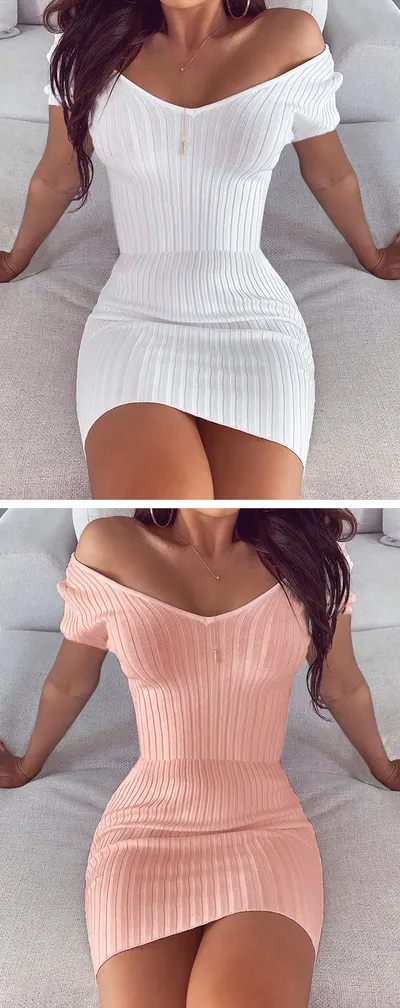 V-neck solid color slim dress