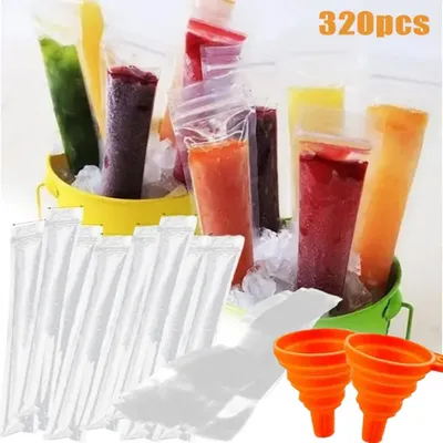 320 Pcs Disposable Beverage Packaging Bag Ice Popsicle Mold Bags With 2 Pcs Orange Funnels DIY Ice
