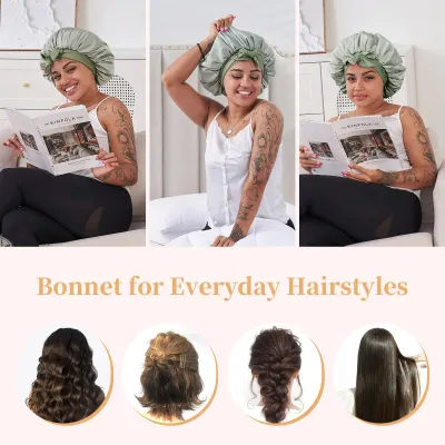 Silk Bonnet For Sleeping Women, Satin Hair Bonnet For Sleeping For Wavy Curly Natural Hair Women Men - Green