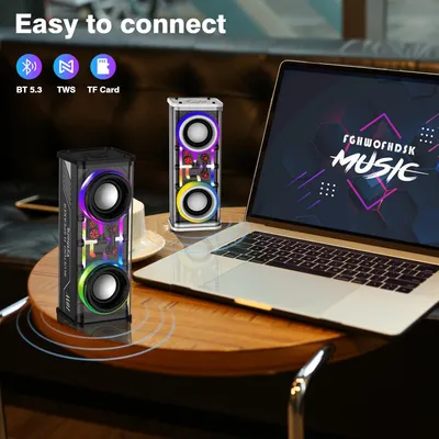 Portable Bluetooth Speaker With LED Lights&Transparent Casing, Bluetooth 5.3 Wireless Outdoor Speakers Support TWS PairingTF Card, 10W Stereo Sound, Electronics For Home, Outdoors, Travel Black