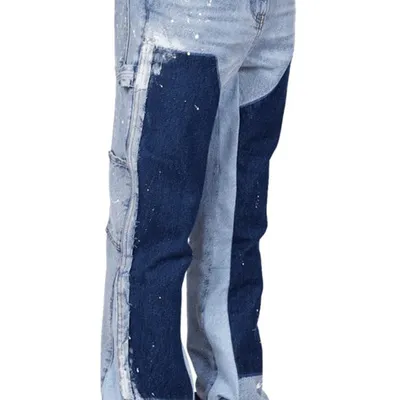 Men's Color Contrast Wash Splicing Denim Trousers