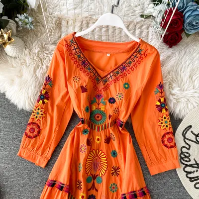 Women's Boho Embroidered V-Neck Loose Ruffle Long Skirt