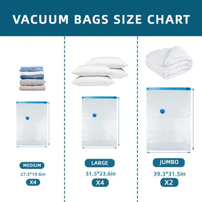 Eco-Friendly Clothes And Bedding Space-Saving Compression Bags, 4 Medium Bags, 4 Large Bags, 2 Extra Large Bags With Pump