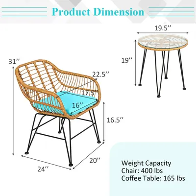 3 Pieces Rattan Furniture Set With Cushioned Chair Table