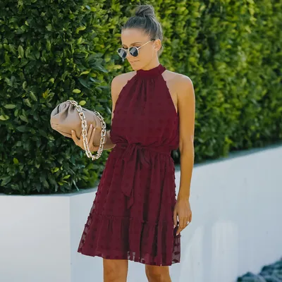 Jacquard Cutout Skirt Halterneck Chiffon Dress