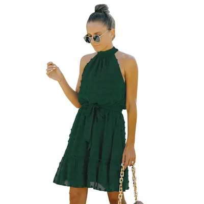 Jacquard Cutout Skirt Halterneck Chiffon Dress