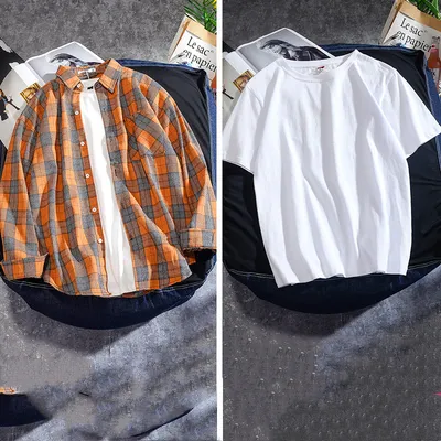 Spring And Autumn Ins Plaid Shirt Men's Long Sleeve