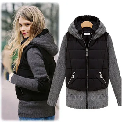 Knit panel hooded cotton coat