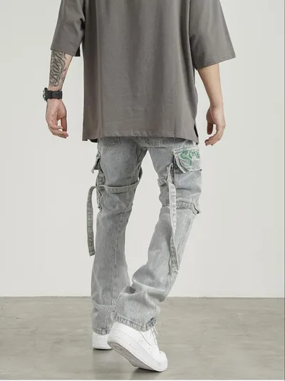 Men's Fashion And Comfort Embroidered Lace-up Micro Flared Jeans