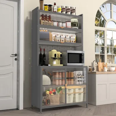 73'' Tall Kitchen Pantry Cabinet , 6 Level Flip Door With Pegboard Spacious, Adjustable & Stylish Metal Pantry Storage Cabinet, Anti-Tip Design Hutch For Kitchen, Dining Room, Living Room Grey
