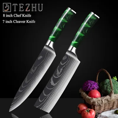 Green Resin Handle Damascus Laser Grain Knife