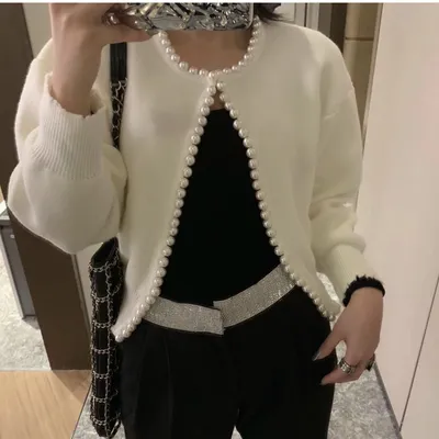 All-match Pearl Trimming Temperament Outer Knit Cardigan Jacket