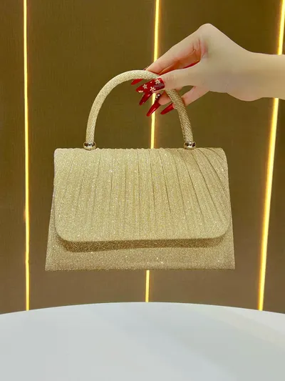 Festival Gold Crinkle Handbag - Party Must-Have Dressy Clutch, Elegant Shoulder Bag For Banquet