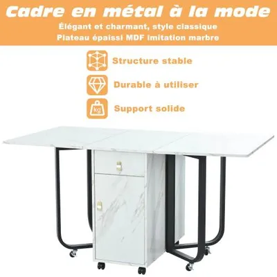 Folding Dining Table 1 Piece With Cupboard And 2 Drawers, Folding Kitchen Utility Table, Space-saving Dining Table With 4 Supporting Legs On Gliders White  Black