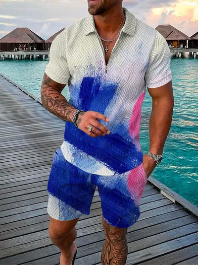 Men's Summer Fashion 3D Printed Short Sleeve Geometric Zip Lapel Shirt Set