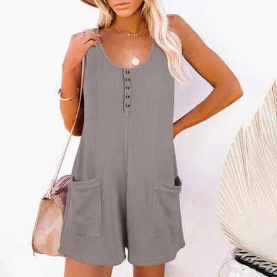 European American Summer New Women's Loose Casual Button Pocket Vest Jumpsuit
