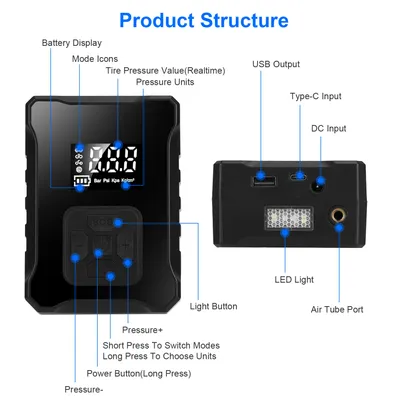 1Pc 150PSI Cordless Tire Inflator Digital Air Compressor With LED Light Emergency Power Bank For Cars Motorcycles Bicycles Balls