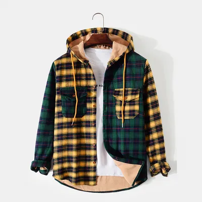 Men's Hooded Jacket Fashion Casual Long Sleeve Plaid Jacket