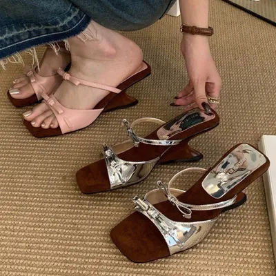 2026 New One-Strap Wedge Sandals For Women, French Retro Bow High Heel Sandals, Summer Outdoor Dress Matching Sandals