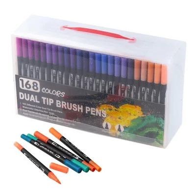 168 Colors Dual Tip Brush Markers Set Black Barrel Watercolour Pens For Colouring Drawing Sketching Calligraphy Art Supplies With Carry Case