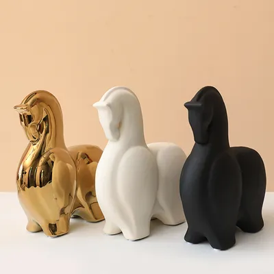 Simple Abstract Black And White Strip Matte Horse Ornaments Ceramic Crafts
