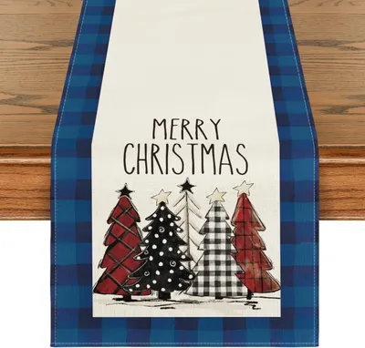Christmas Trees Merry Xmas Table Runner, Seasonal Winter Holiday Kitchen Dining Table Decoration